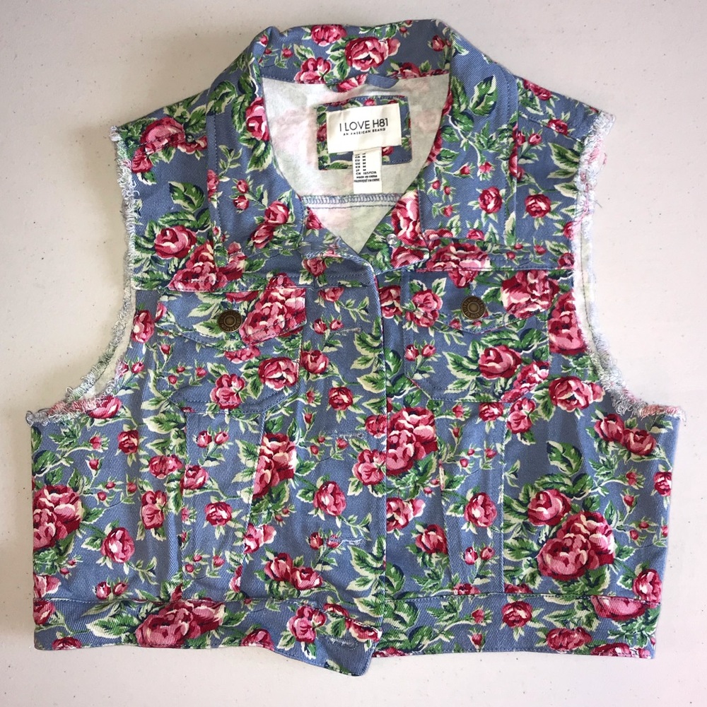 Cropped Floral Denim Vest